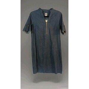 Anne Klein Denim Blue Jean Dress Gold Accent-Zipper-Logo Cuffed Size 4 Stretch